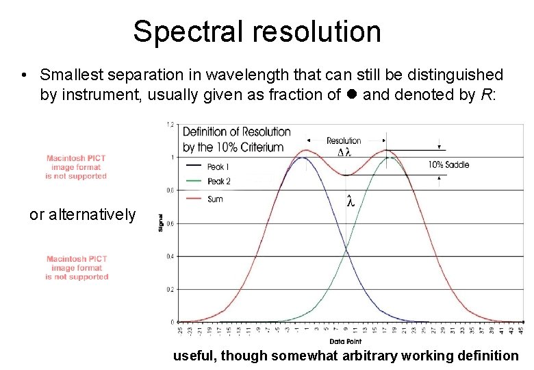 Spectral resolution • Smallest separation in wavelength that can still be distinguished by instrument,