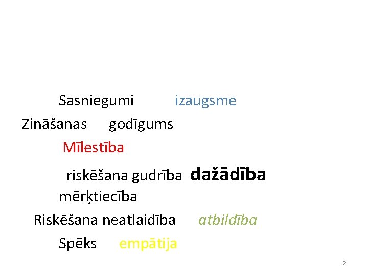 Sasniegumi izaugsme Zināšanas godīgums Mīlestība riskēšana gudrība dažādība mērķtiecība Riskēšana neatlaidība atbildība Spēks empātija