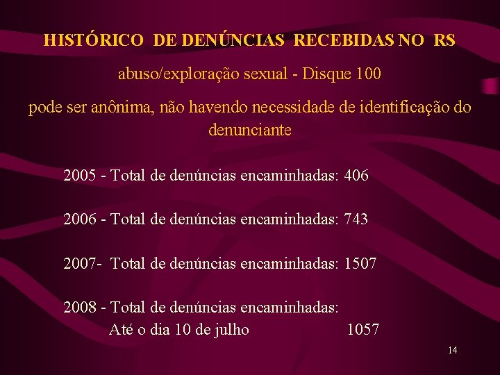 HISTÓRICO DE DENÚNCIAS RECEBIDAS NO RS abuso/exploração sexual - Disque 100 pode ser anônima,