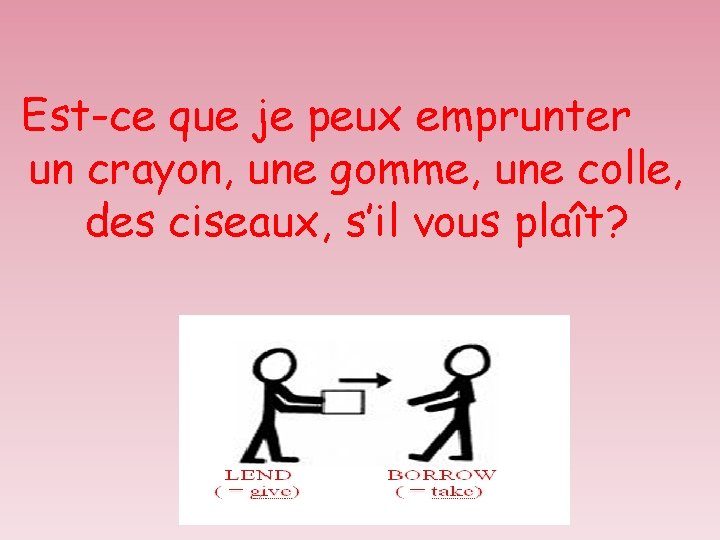 Est-ce que je peux emprunter un crayon, une gomme, une colle, des ciseaux, s’il