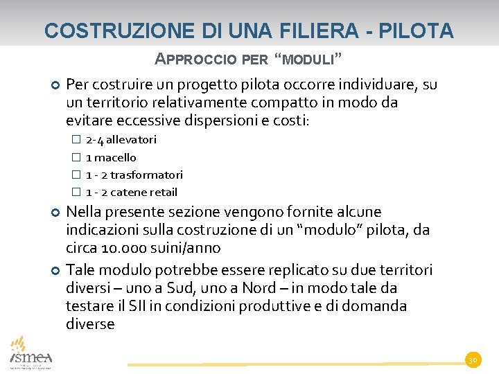 COSTRUZIONE DI UNA FILIERA - PILOTA APPROCCIO PER “MODULI” Per costruire un progetto pilota