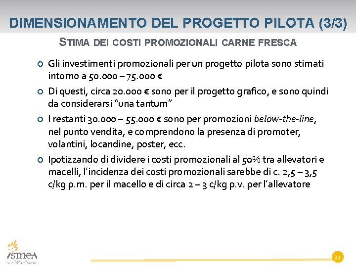 DIMENSIONAMENTO DEL PROGETTO PILOTA (3/3) STIMA DEI COSTI PROMOZIONALI CARNE FRESCA Gli investimenti promozionali
