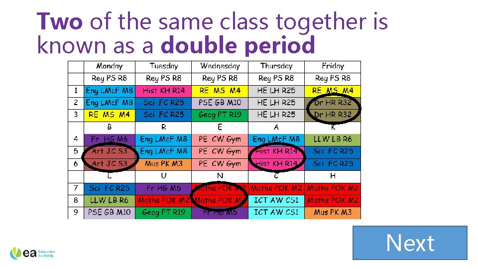 Two of the same class together is known as a double period Next 