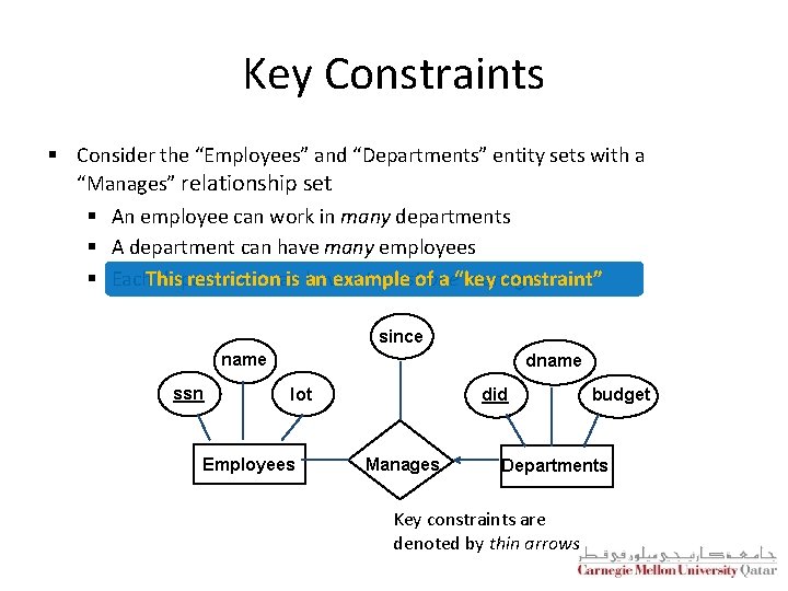 Key Constraints § Consider the “Employees” and “Departments” entity sets with a “Manages” relationship