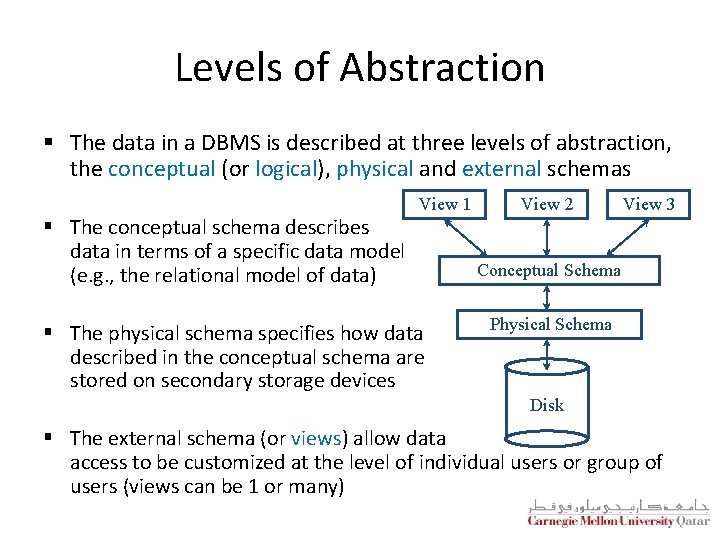 Levels of Abstraction § The data in a DBMS is described at three levels