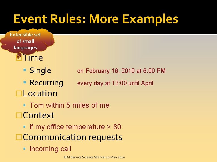 Event Rules: More Examples Extensible set of small languages �Time Single on February 16,