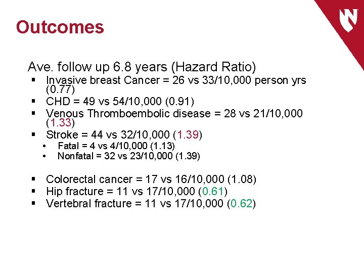 Outcomes Ave. follow up 6. 8 years (Hazard Ratio) § Invasive breast Cancer =