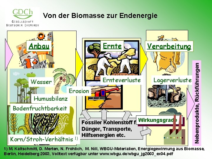 Von der Biomasse zur Endenergie Ernteverluste Wasser Humusbilanz Verarbeitung Lagerverluste Erosion Bodenfruchtbarkeit Korn/Stroh-Verhältnis 1)