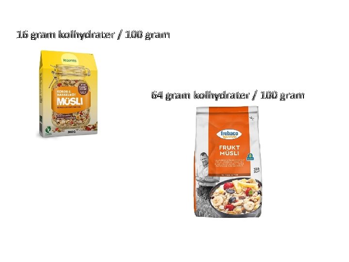 16 gram kolhydrater / 100 gram 64 gram kolhydrater / 100 gram 