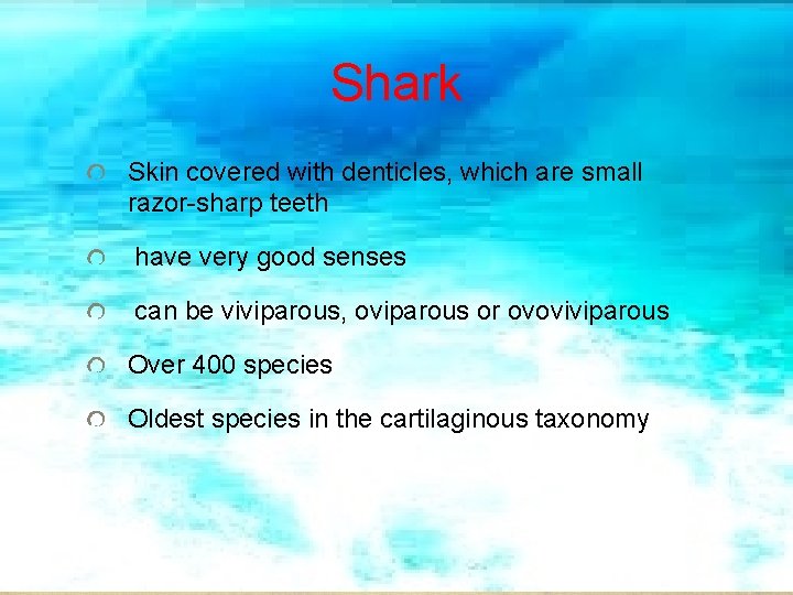 Shark Skin covered with denticles, which are small razor-sharp teeth have very good senses