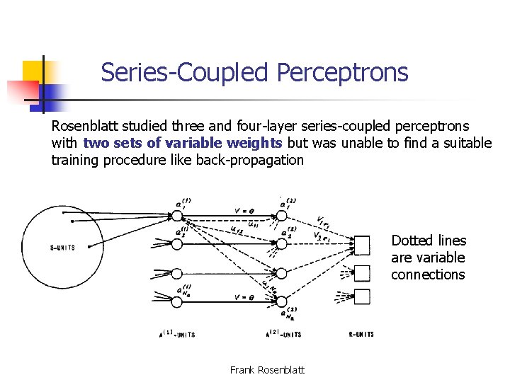 Series-Coupled Perceptrons Rosenblatt studied three and four-layer series-coupled perceptrons with two sets of variable