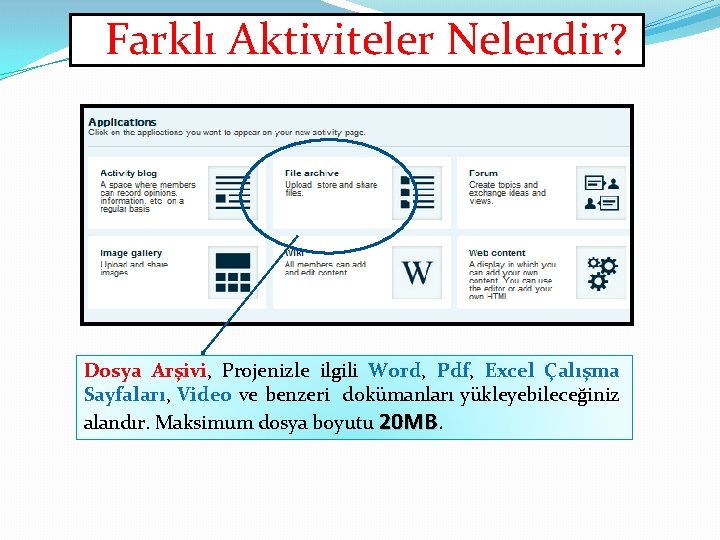 Farklı Aktiviteler Nelerdir? Dosya Arşivi, Projenizle ilgili Word, Pdf, Excel Çalışma Sayfaları, Video ve