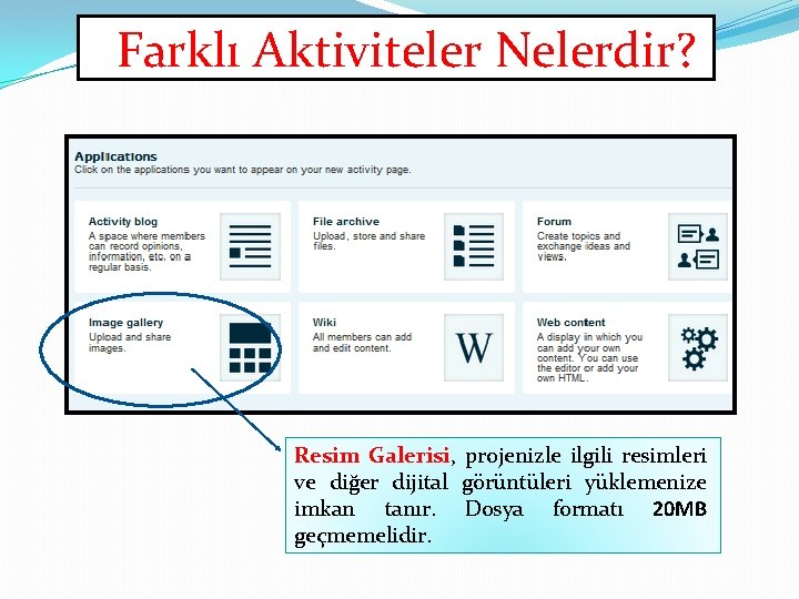 Farklı Aktiviteler Nelerdir? Resim Galerisi, projenizle ilgili resimleri ve diğer dijital görüntüleri yüklemenize imkan