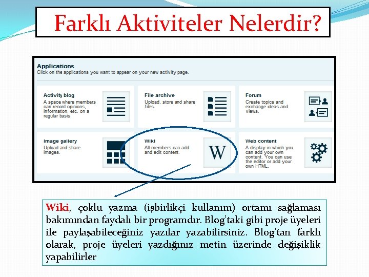 Farklı Aktiviteler Nelerdir? Wiki, çoklu yazma (işbirlikçi kullanım) ortamı sağlaması bakımından faydalı bir programdır.