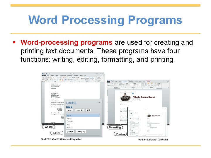 Word Processing Programs § Word-processing programs are used for creating and printing text documents.