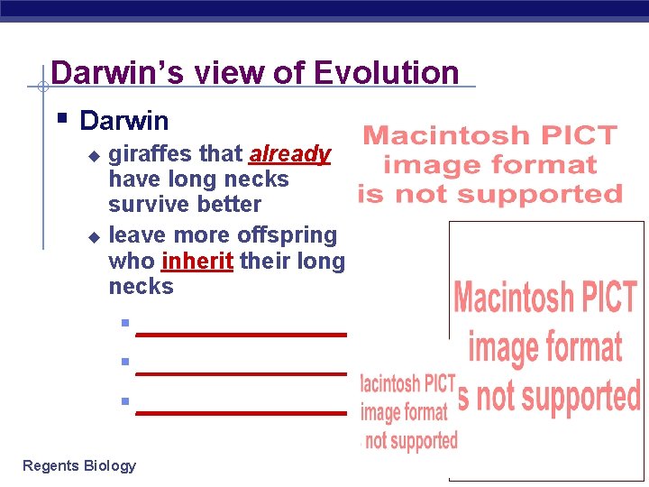 Darwin’s view of Evolution § Darwin giraffes that already have long necks survive better