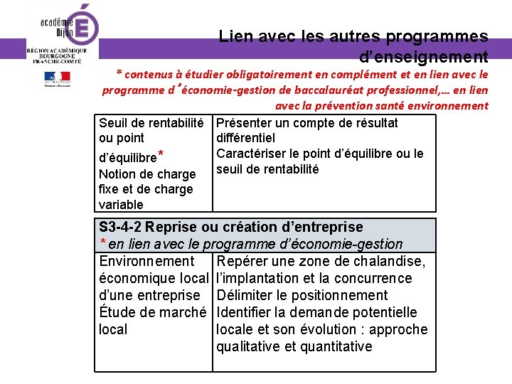  Lien avec les autres programmes d’enseignement * contenus à étudier obligatoirement en complément