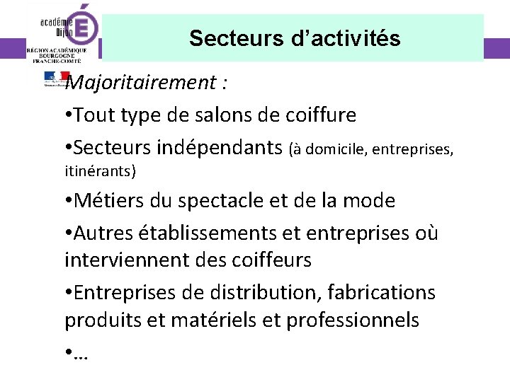  Secteurs d’activités Majoritairement : • Tout type de salons de coiffure • Secteurs