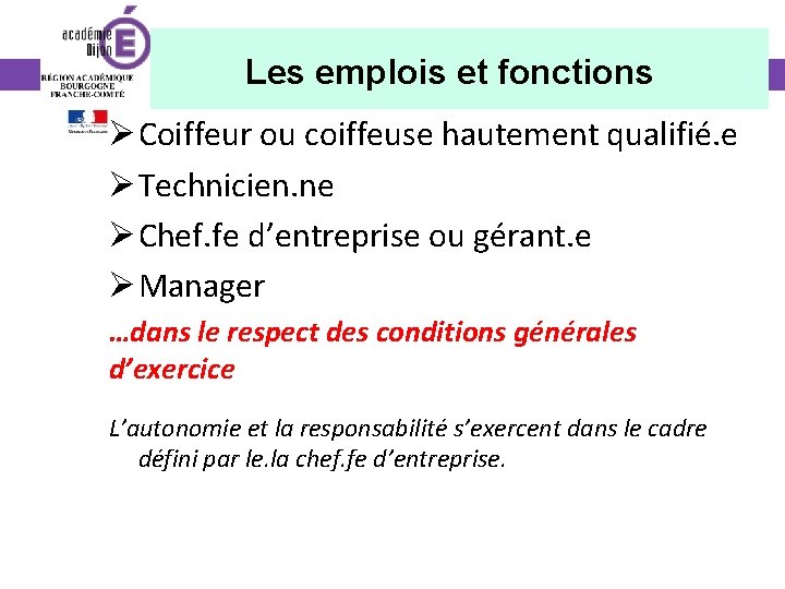 Les emplois et fonctions Ø Coiffeur ou coiffeuse hautement qualifié. e Ø Technicien. ne