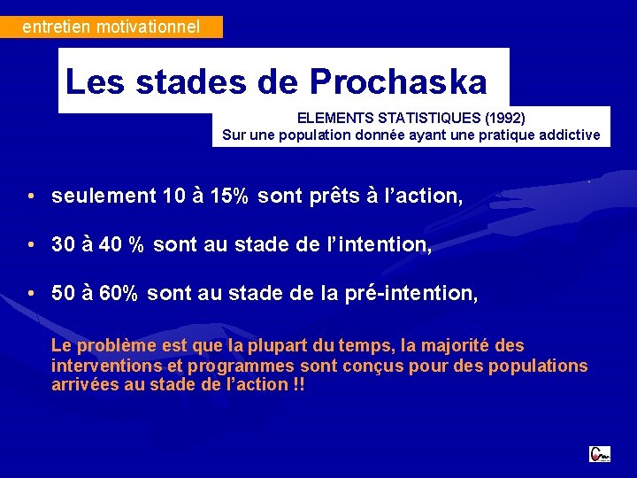entretien motivationnel Les stades de Prochaska ELEMENTS STATISTIQUES (1992) Sur une population donnée ayant