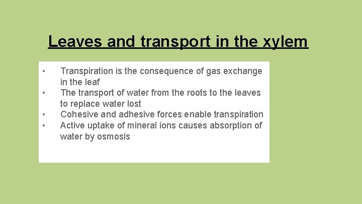 Leaves and transport in the xylem • • Transpiration is the consequence of gas