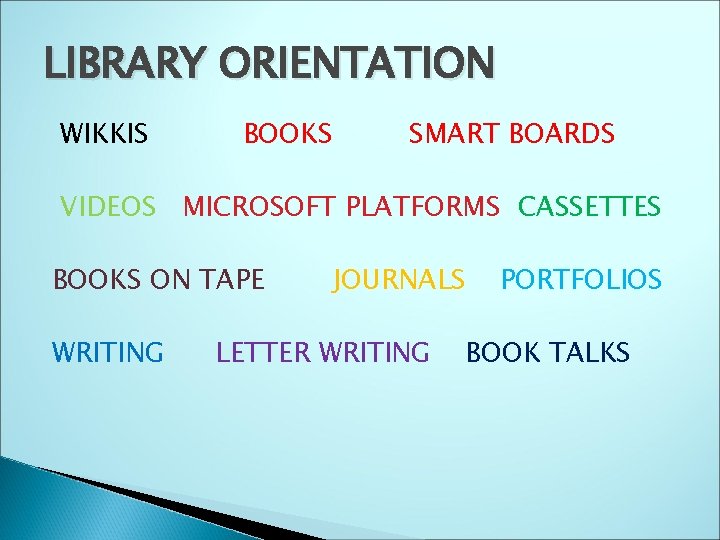 LIBRARY ORIENTATION WIKKIS BOOKS SMART BOARDS VIDEOS MICROSOFT PLATFORMS CASSETTES BOOKS ON TAPE WRITING