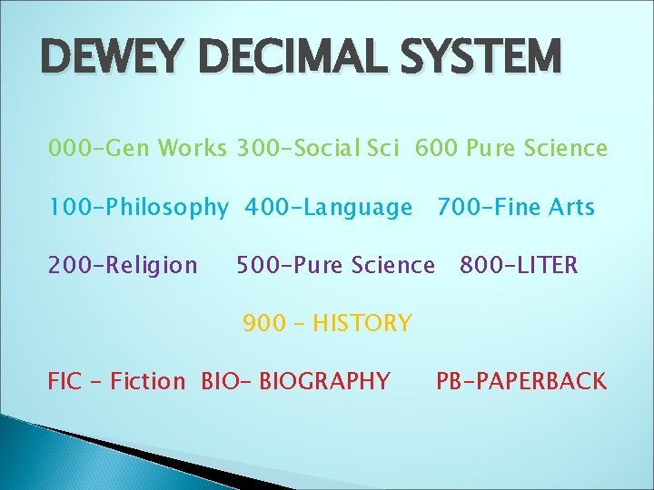 DEWEY DECIMAL SYSTEM 000 -Gen Works 300 -Social Sci 600 Pure Science 100 -Philosophy