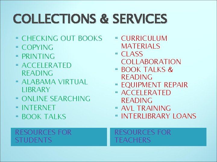 COLLECTIONS & SERVICES CHECKING OUT BOOKS COPYING PRINTING ACCELERATED READING ALABAMA VIRTUAL LIBRARY ONLINE