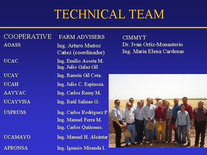 TECHNICAL TEAM COOPERATIVE FARM ADVISERS AOASS Ing. Arturo Muñoz Cañez (coordinador) UCAC Ing. Emilio