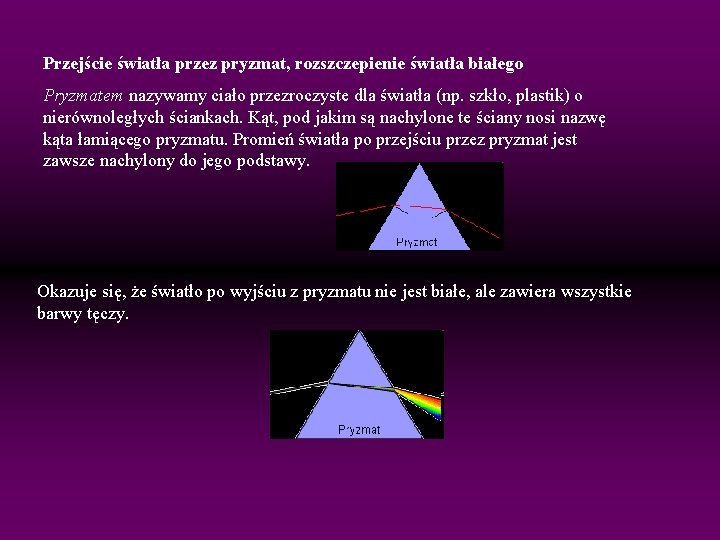 Przejście światła przez pryzmat, rozszczepienie światła białego Pryzmatem nazywamy ciało przezroczyste dla światła (np.