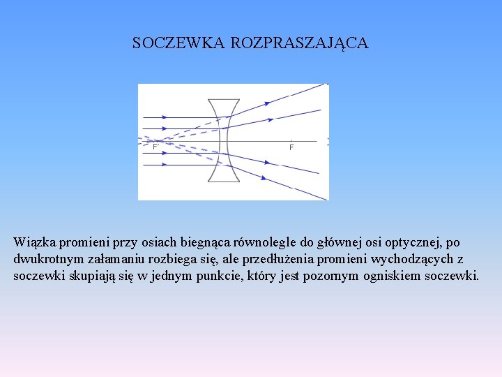 SOCZEWKA ROZPRASZAJĄCA Wiązka promieni przy osiach biegnąca równolegle do głównej osi optycznej, po dwukrotnym