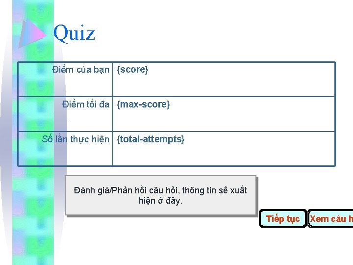 Quiz Điểm của bạn {score} Điểm tối đa {max-score} Số lần thực hiện {total-attempts}