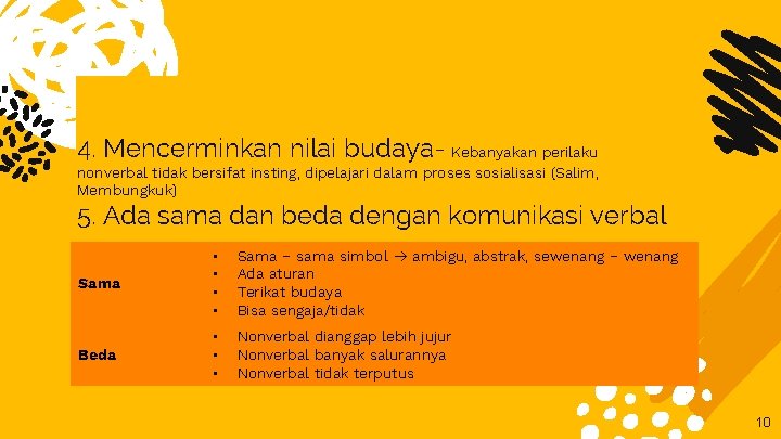 4. Mencerminkan nilai budaya- Kebanyakan perilaku nonverbal tidak bersifat insting, dipelajari dalam proses sosialisasi