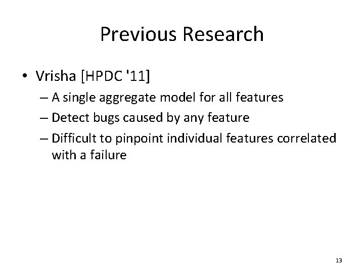 Previous Research • Vrisha [HPDC '11] – A single aggregate model for all features