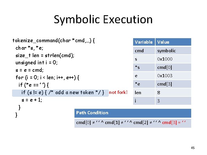 Symbolic Execution tokenize_command(char *cmd, …) { Variable Value char *s, *e; cmd symbolic size_t