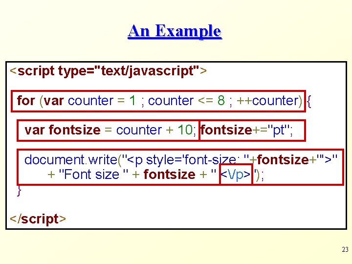 An Example <script type="text/javascript"> for (var counter = 1 ; counter <= 8 ;