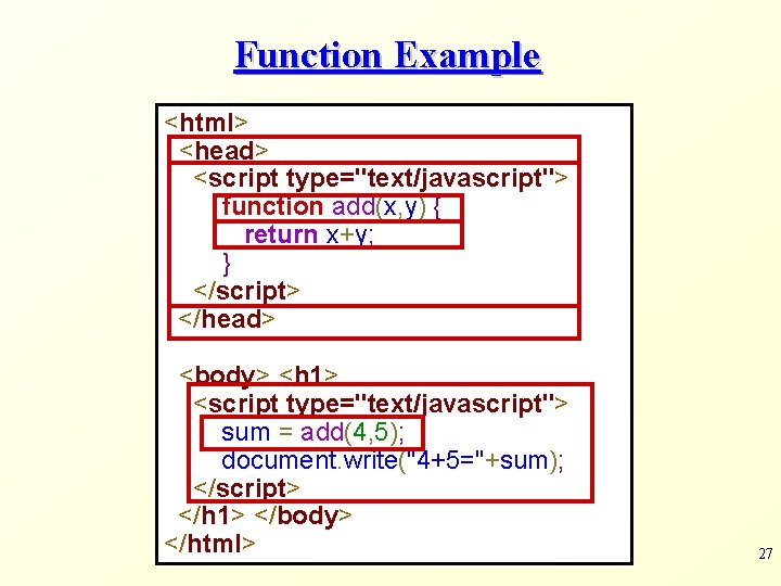 Function Example <html> <head> <script type="text/javascript"> function add(x, y) { return x+y; } </script>