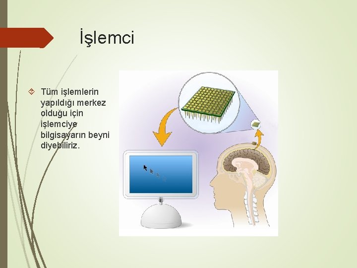 İşlemci Tüm işlemlerin yapıldığı merkez olduğu için işlemciye bilgisayarın beyni diyebiliriz. 