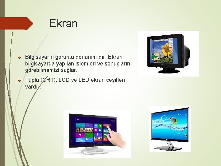 Ekran Bilgisayarın görüntü donanımıdır. Ekran bilgisayarda yapılan işlemleri ve sonuçlarını görebilmemizi sağlar. Tüplü (CRT),