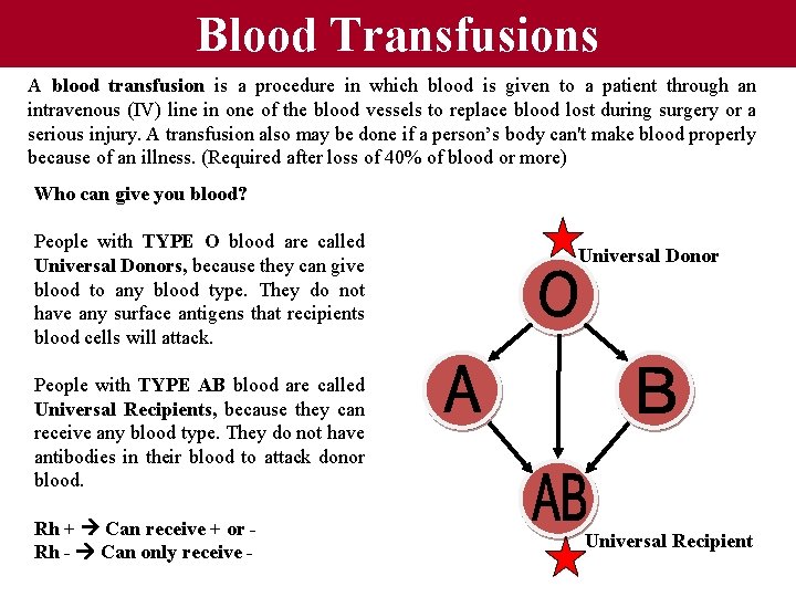 Blood Transfusions A blood transfusion is a procedure in which blood is given to