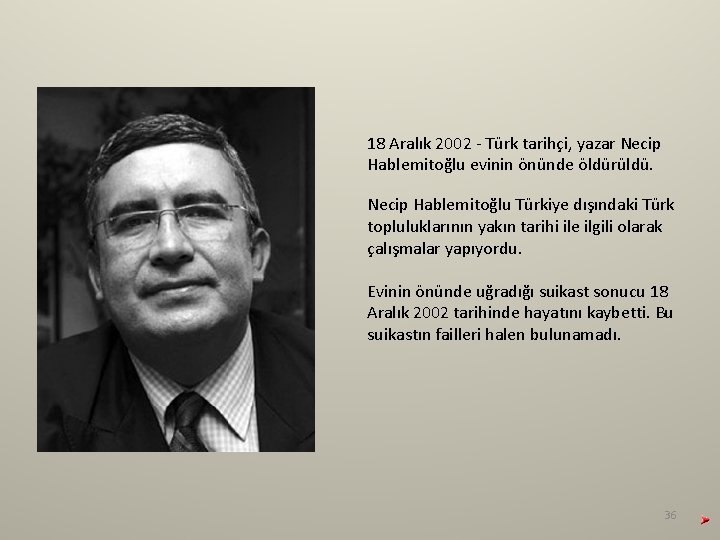 18 Aralık 2002 - Türk tarihçi, yazar Necip Hablemitoğlu evinin önünde öldürüldü. Necip Hablemitoğlu 18 Aralık 2002 - Türk tarihçi, yazar Necip Hablemitoğlu evinin önünde öldürüldü. Necip Hablemitoğlu