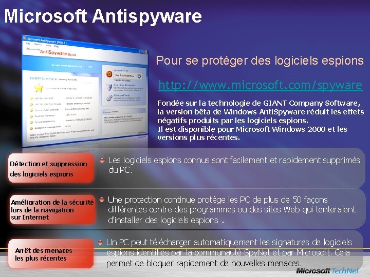 Microsoft Antispyware Pour se protéger des logiciels espions http: //www. microsoft. com/spyware Fondée sur