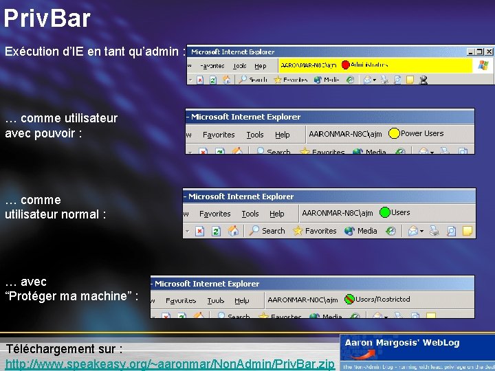 Priv. Bar Exécution d’IE en tant qu’admin : … comme utilisateur avec pouvoir :