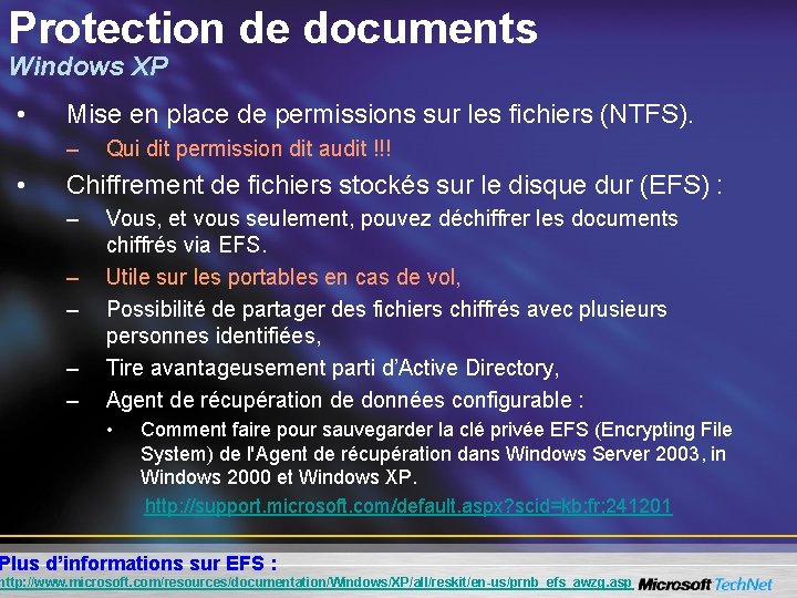 Protection de documents Windows XP • Mise en place de permissions sur les fichiers