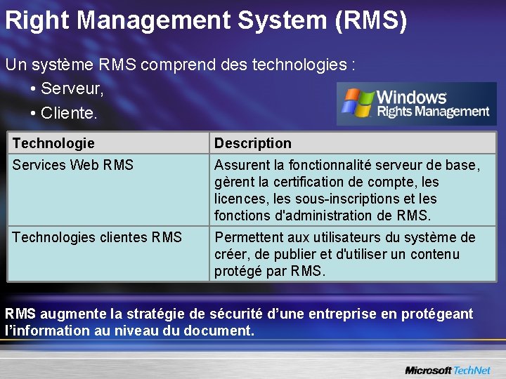 Right Management System (RMS) Un système RMS comprend des technologies : • Serveur, •