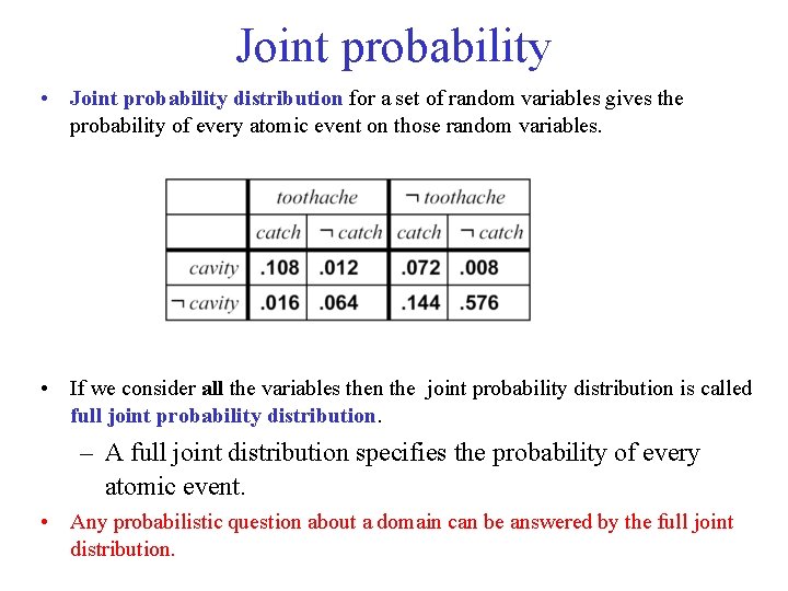 Joint probability • Joint probability distribution for a set of random variables gives the