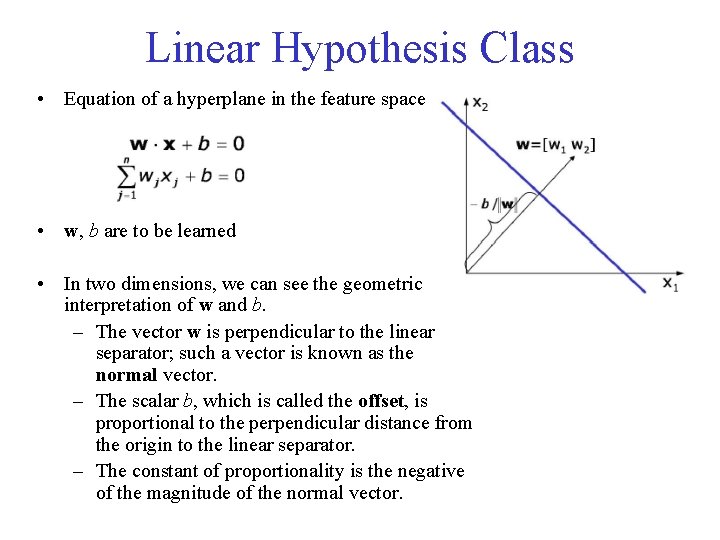 Linear Hypothesis Class • Equation of a hyperplane in the feature space • w,