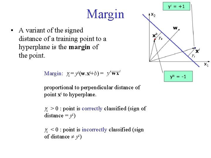 Margin • A variant of the signed distance of a training point to a