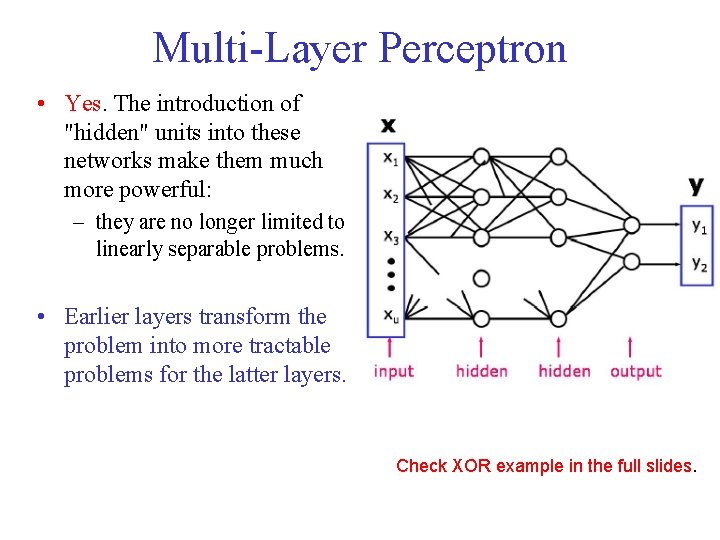 Multi-Layer Perceptron • Yes. The introduction of "hidden" units into these networks make them