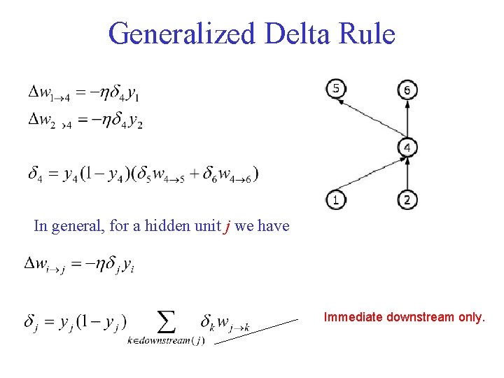 Generalized Delta Rule In general, for a hidden unit j we have Immediate downstream